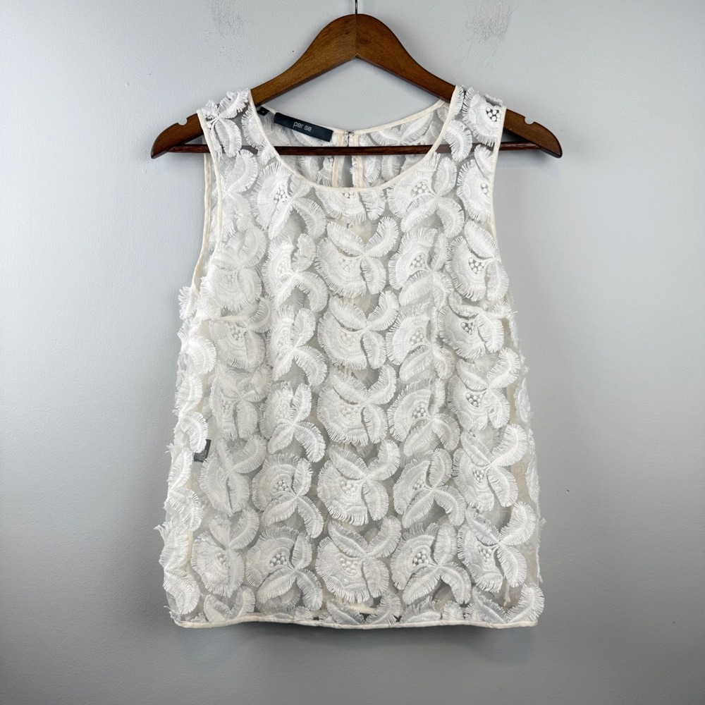 Per Se Floral Fringe Sheer Mesh Top Womens Size‎ 8 Silk Trim Coquette Ethereal